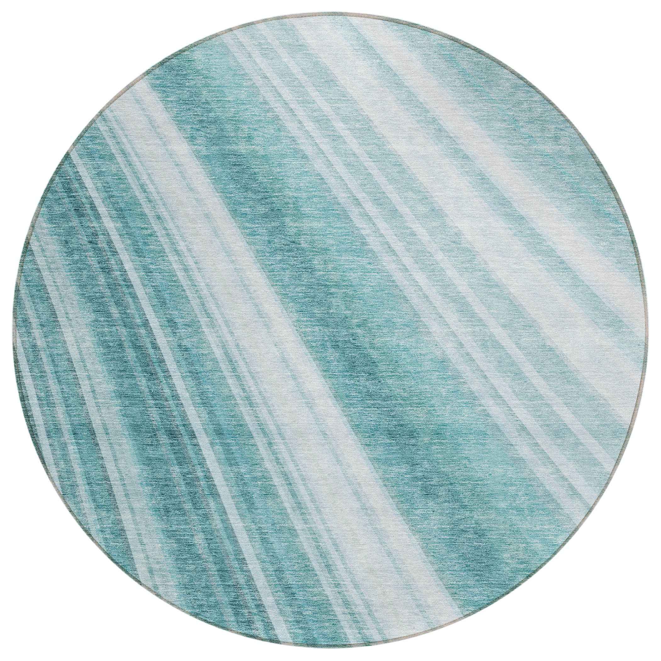 8' Teal Blue Turquoise And Aqua Round Striped Washable Indoor Outdoor Area Rug