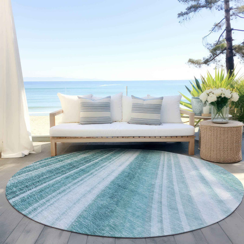 8' Teal Blue Turquoise And Aqua Round Striped Washable Indoor Outdoor Area Rug