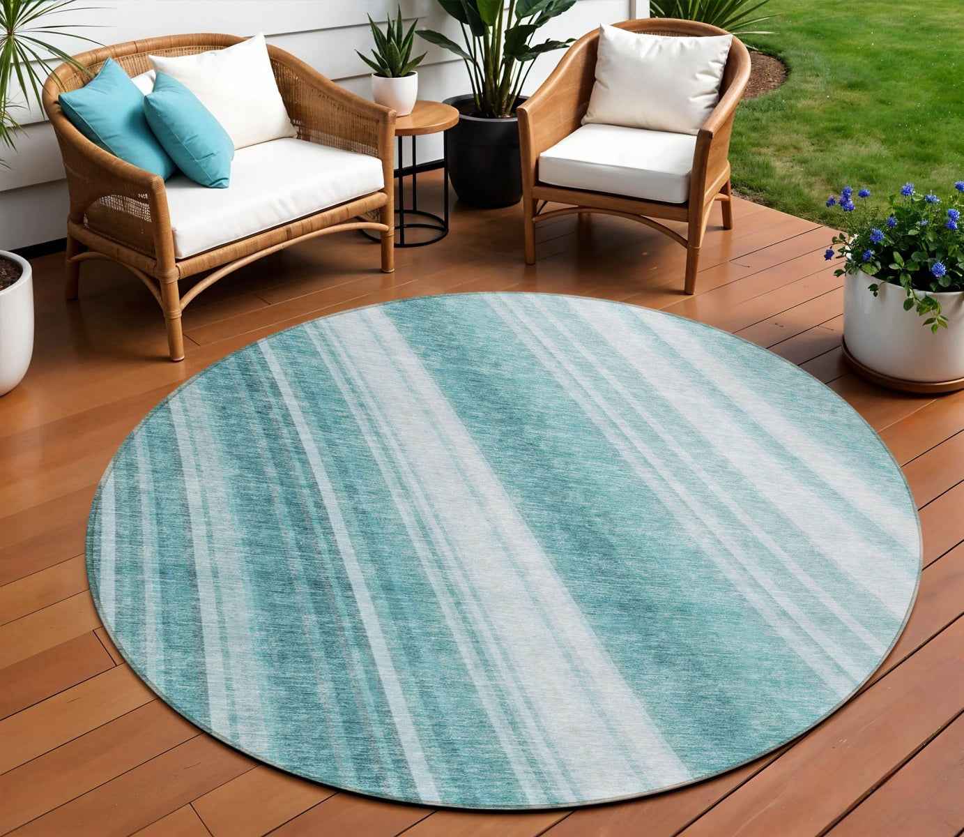 8' Teal Blue Turquoise And Aqua Round Striped Washable Indoor Outdoor Area Rug