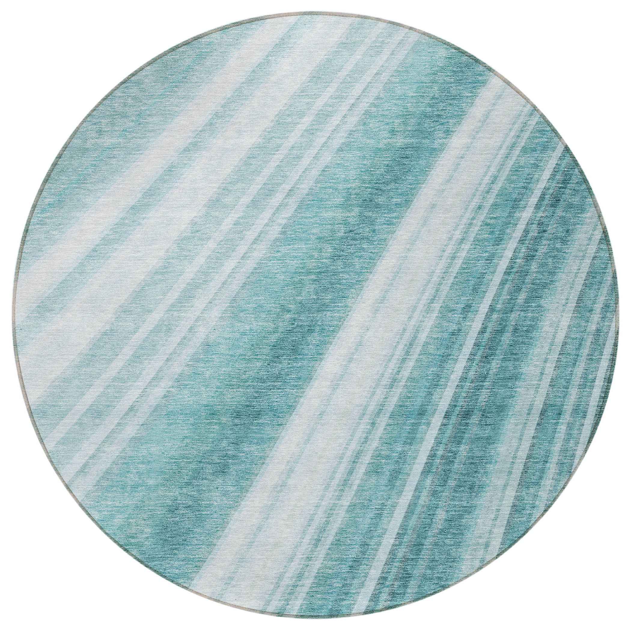 8' Teal Blue Turquoise And Aqua Round Striped Washable Indoor Outdoor Area Rug