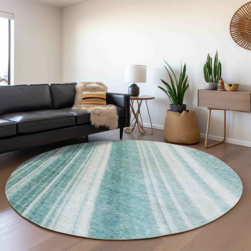 8' Teal Blue Turquoise And Aqua Round Striped Washable Indoor Outdoor Area Rug