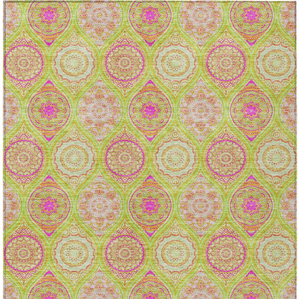 5' X 8' Lime Green Pink And Ivory Floral Medallion Washable Indoor Outdoor Area Rug - Sports & Outdoor