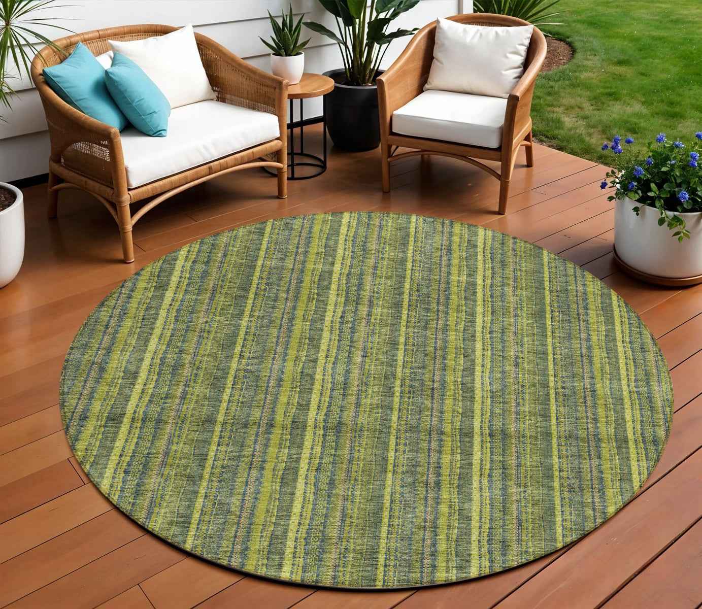 8' Olive Green And Lime Green Round Striped Washable Indoor Outdoor Area Rug