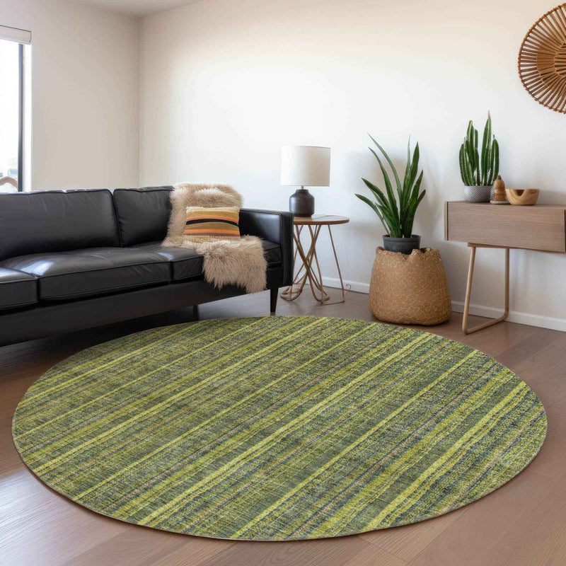 8' Olive Green And Lime Green Round Striped Washable Indoor Outdoor Area Rug