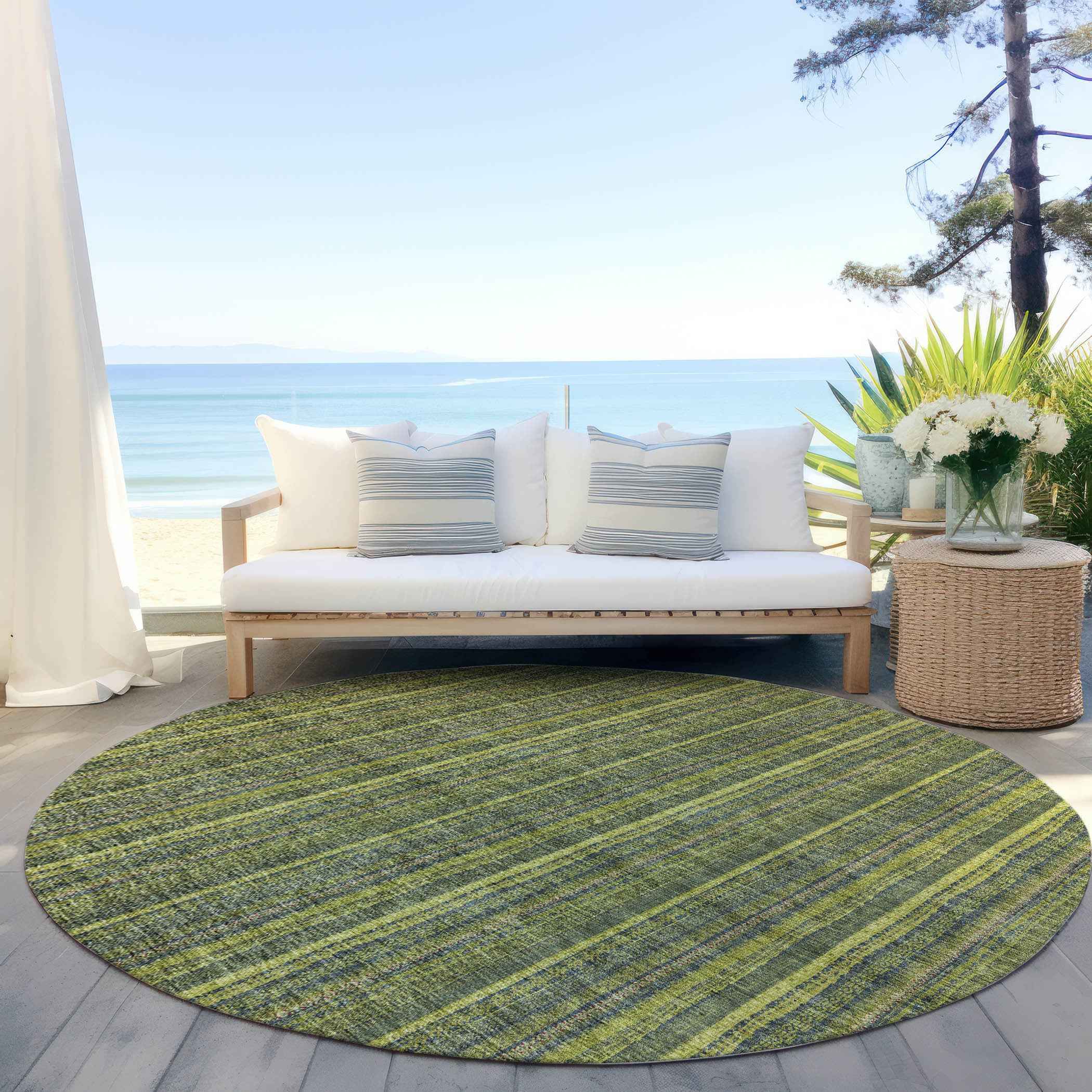 8' Olive Green And Lime Green Round Striped Washable Indoor Outdoor Area Rug