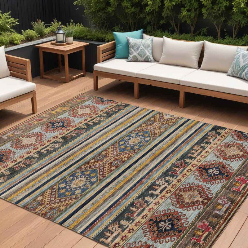 9' X 12' Rust Gray And Gold Tribal Washable Indoor Outdoor Area Rug