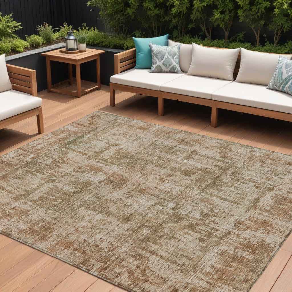 10' X 14' Beige And Copper Abstract Washable Indoor Outdoor Area Rug