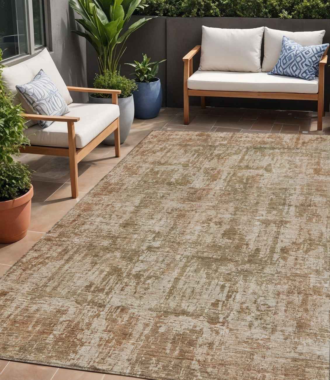 5' X 8' Beige And Copper Abstract Washable Indoor Outdoor Area Rug