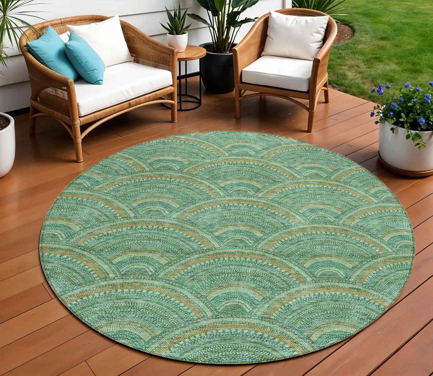 8' Sage Fern Green And Peach Round Geometric Washable Indoor Outdoor Area Rug