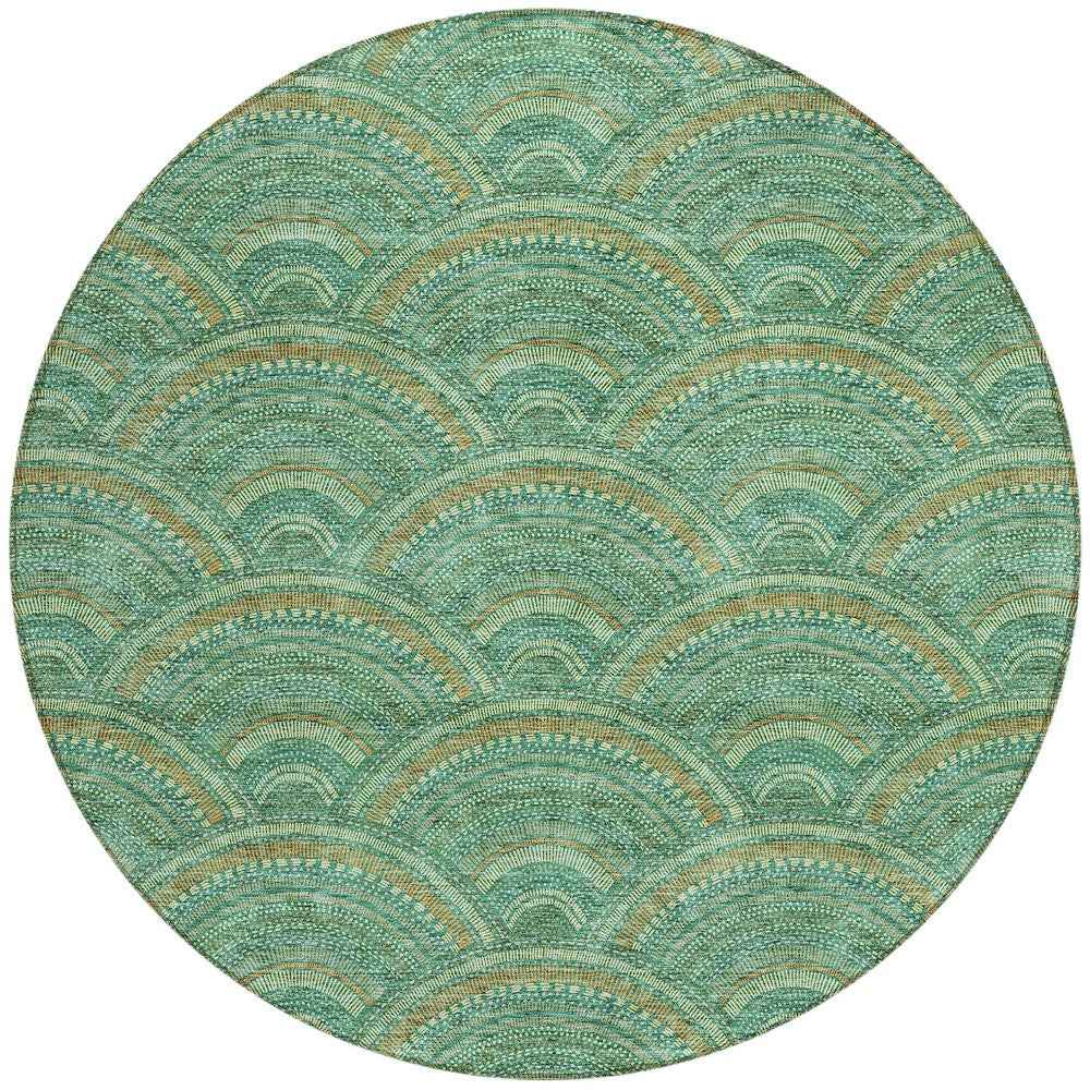 8' Sage Fern Green And Peach Round Geometric Washable Indoor Outdoor Area Rug