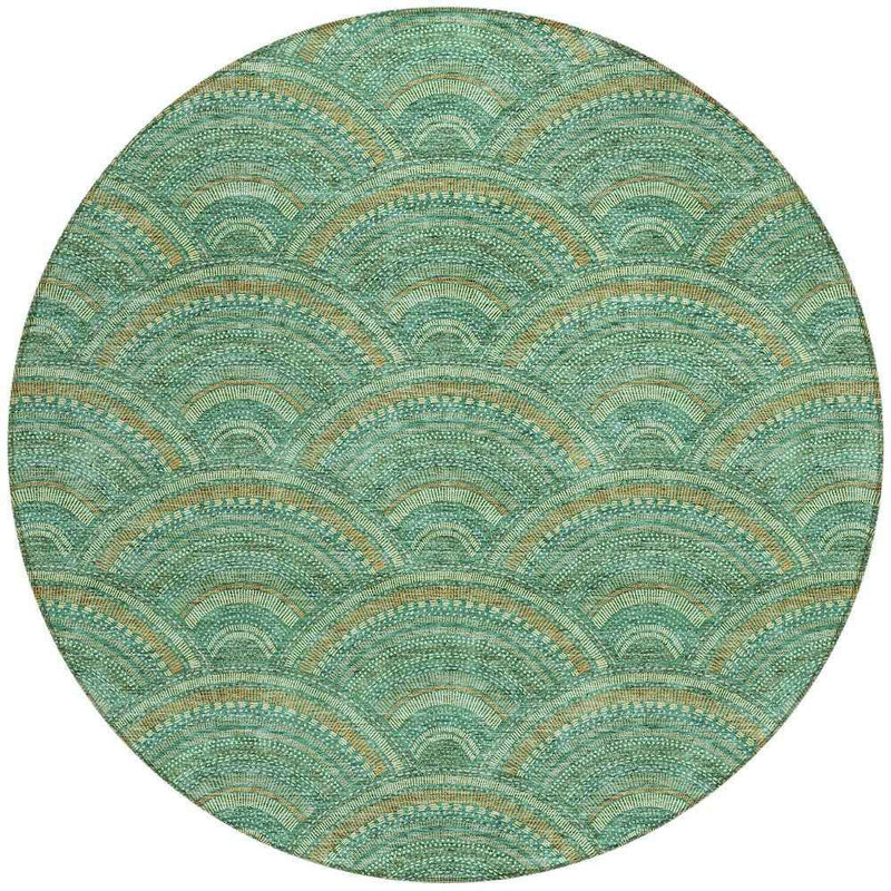 8' Sage Fern Green And Peach Round Geometric Washable Indoor Outdoor Area Rug