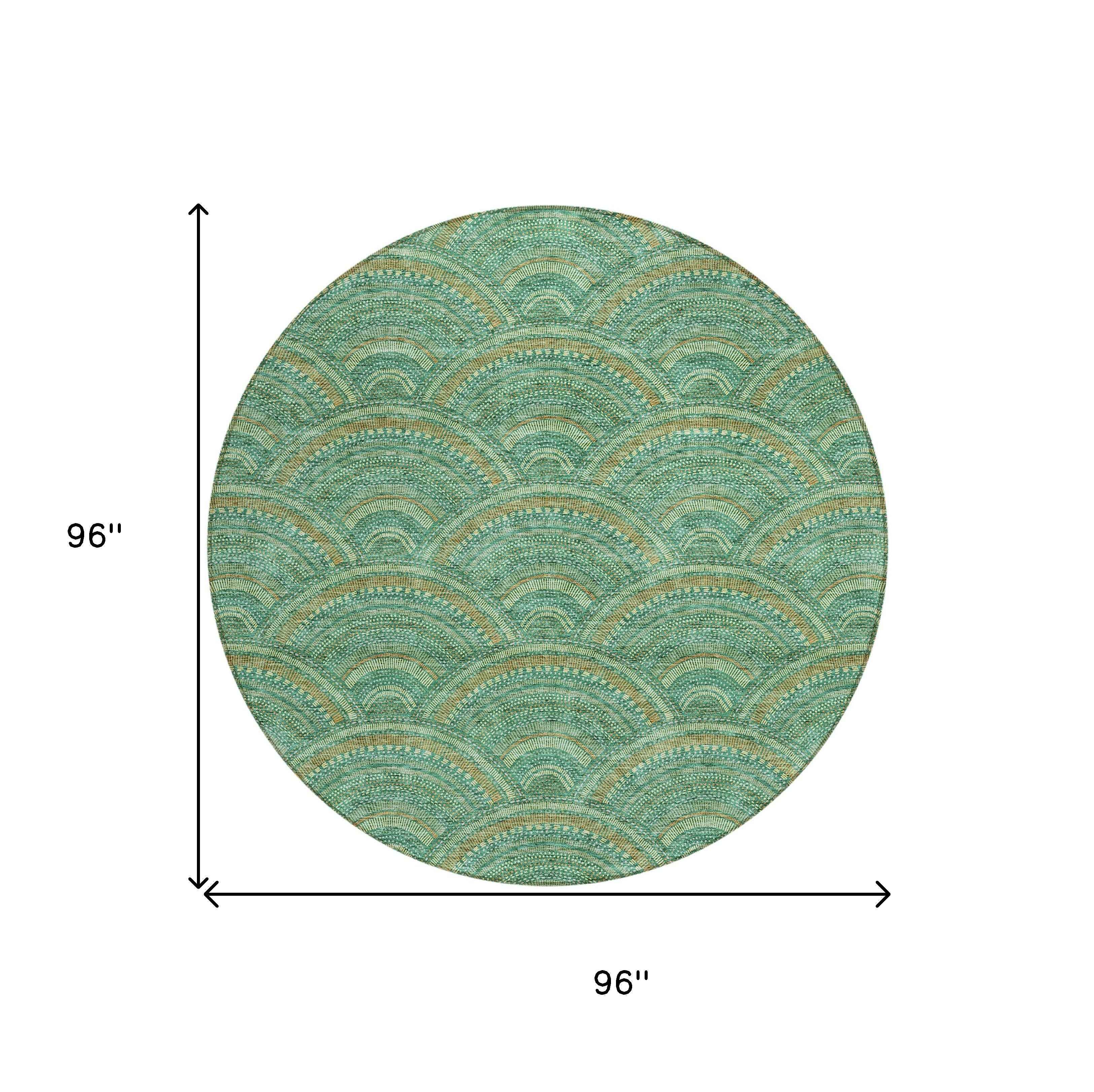 8' Sage Fern Green And Peach Round Geometric Washable Indoor Outdoor Area Rug