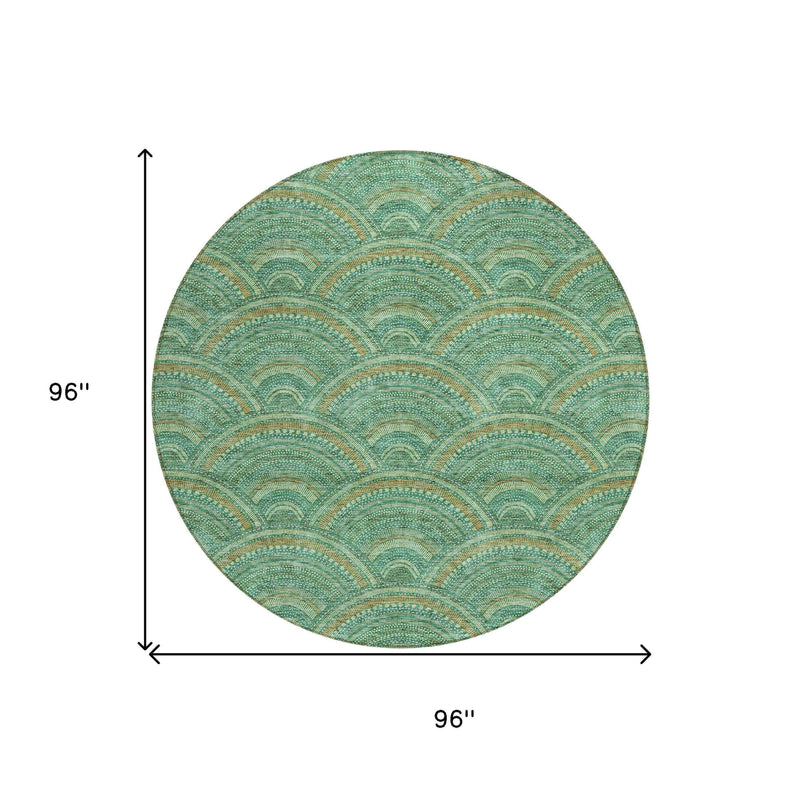 8' Sage Fern Green And Peach Round Geometric Washable Indoor Outdoor Area Rug