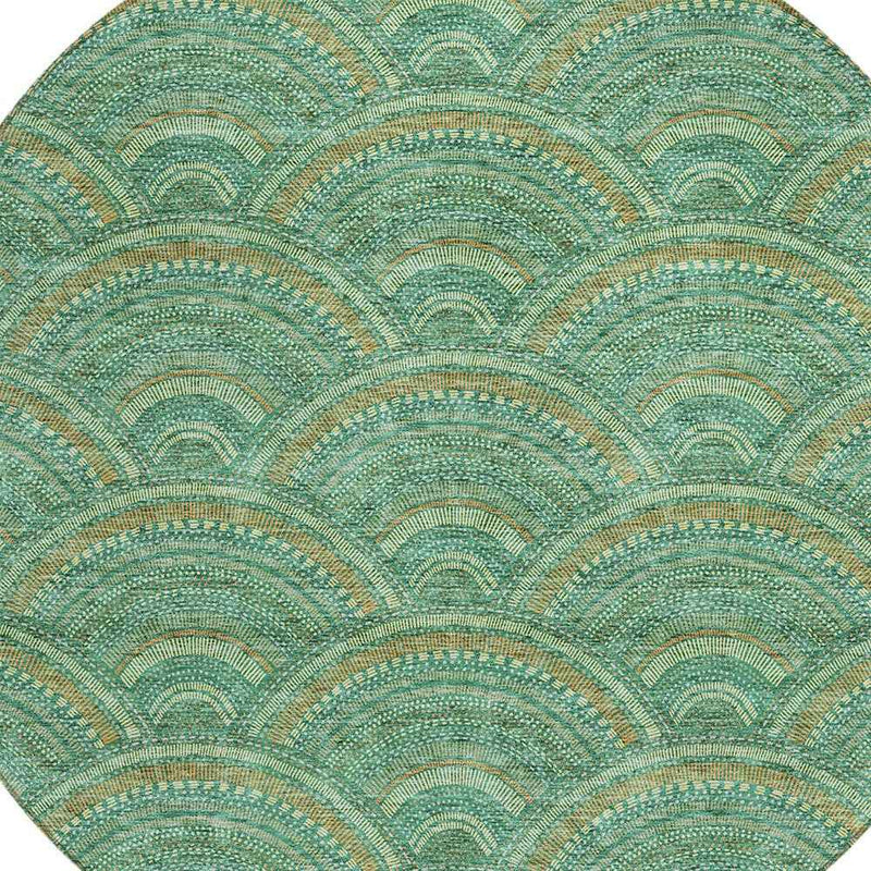 8' Sage Fern Green And Peach Round Geometric Washable Indoor Outdoor Area Rug