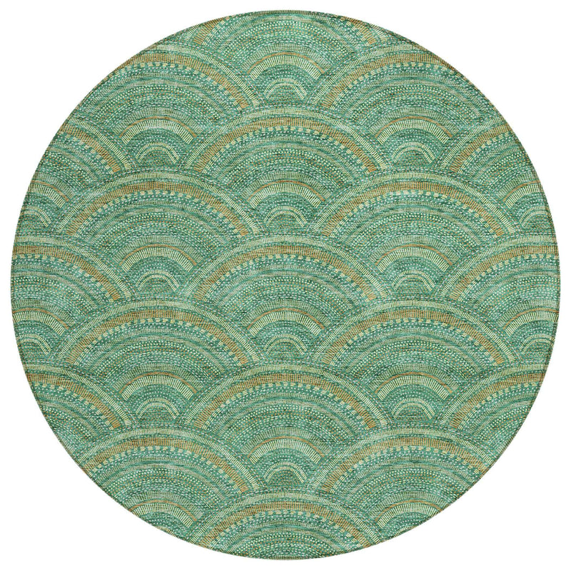 8' Sage Fern Green And Peach Round Geometric Washable Indoor Outdoor Area Rug