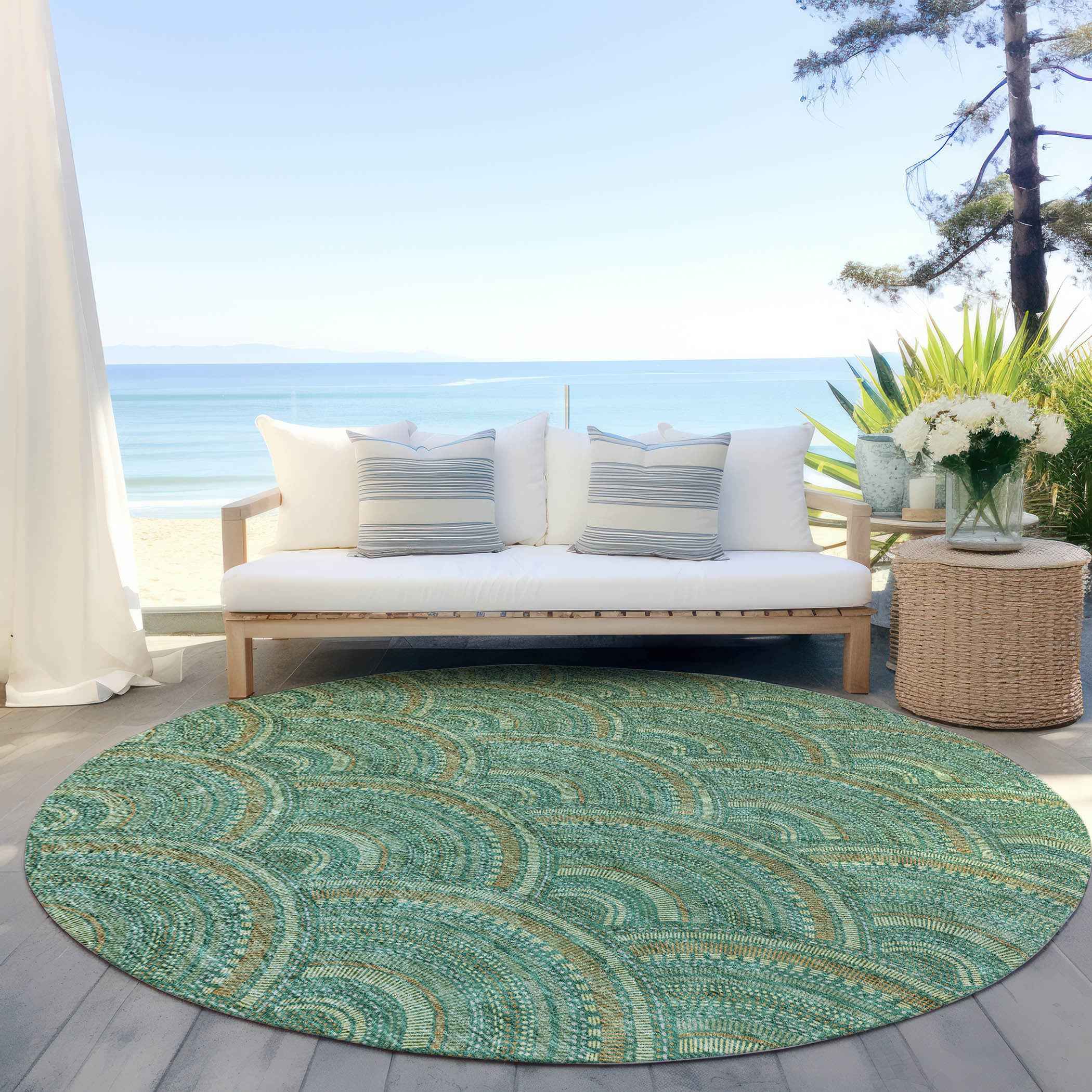 8' Sage Fern Green And Peach Round Geometric Washable Indoor Outdoor Area Rug