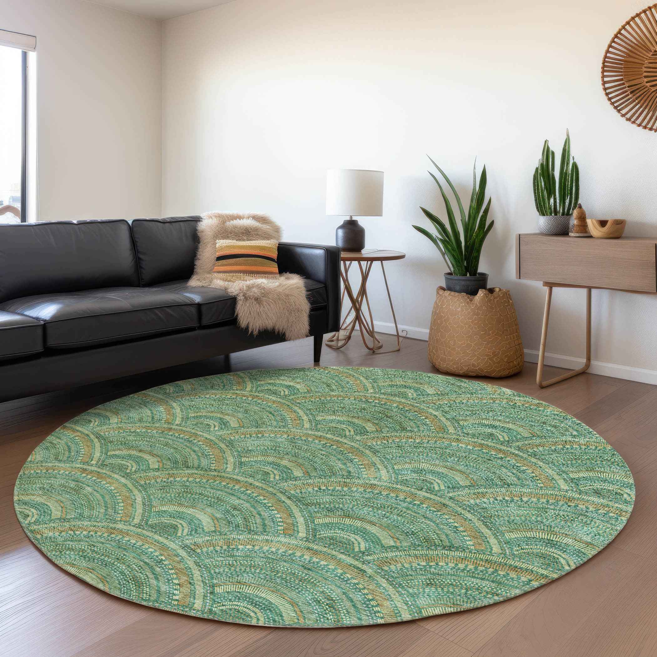 8' Sage Fern Green And Peach Round Geometric Washable Indoor Outdoor Area Rug