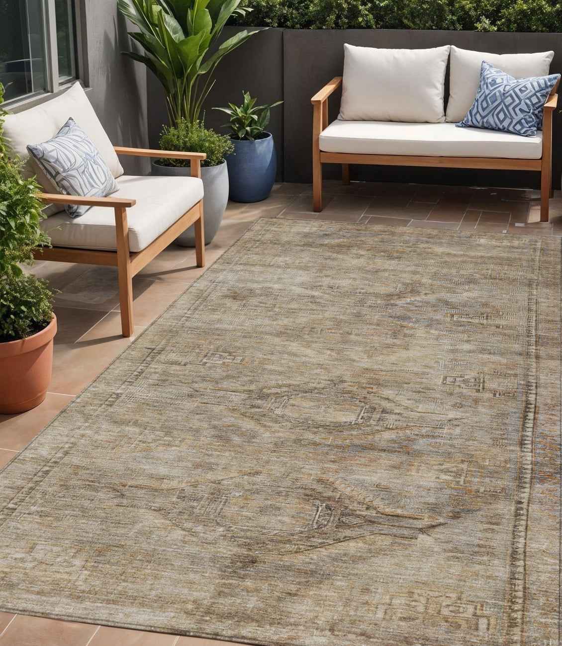 5' X 8' Brown And Taupe Aztec Washable Indoor Outdoor Area Rug