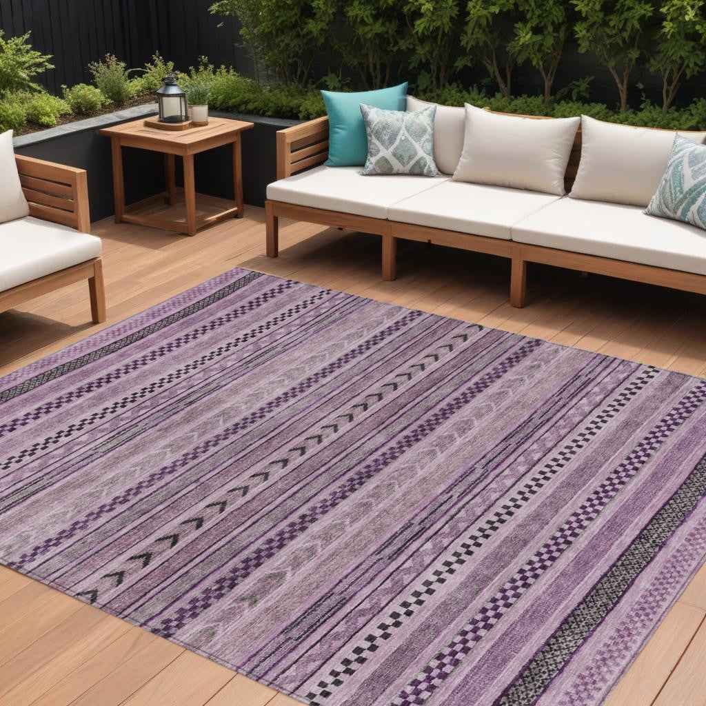 8' X 10' Plum And Lilac Striped Washable Indoor Outdoor Area Rug