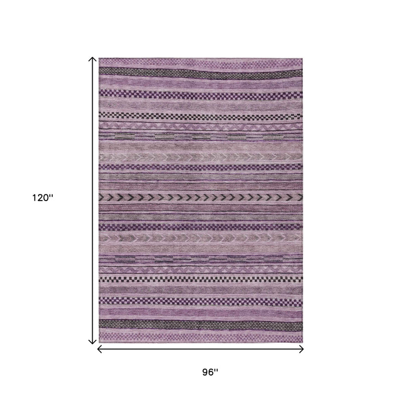 8' X 10' Plum And Lilac Striped Washable Indoor Outdoor Area Rug