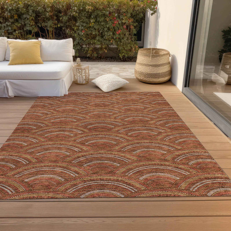 5' X 8' Orange Gold And Ivory Geometric Washable Indoor Outdoor Area Rug
