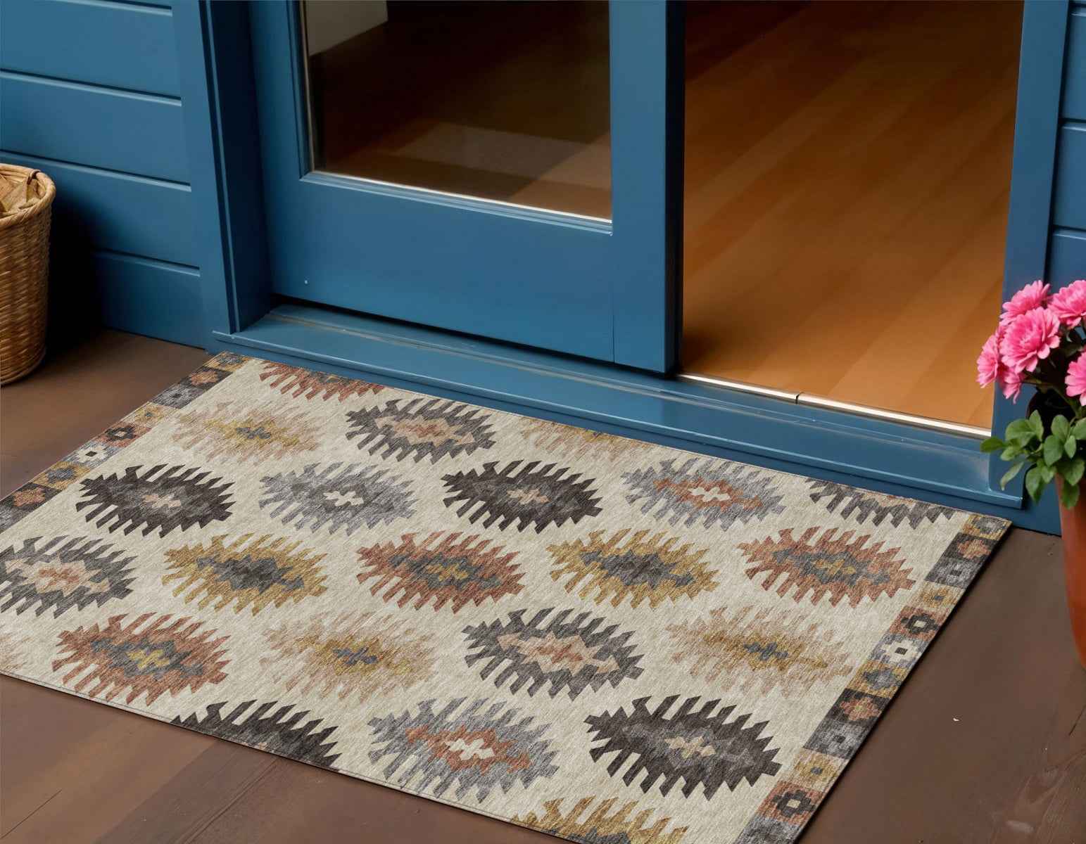 3' X 5' Beige Copper And Gray Southwestern Washable Indoor Outdoor Area Rug