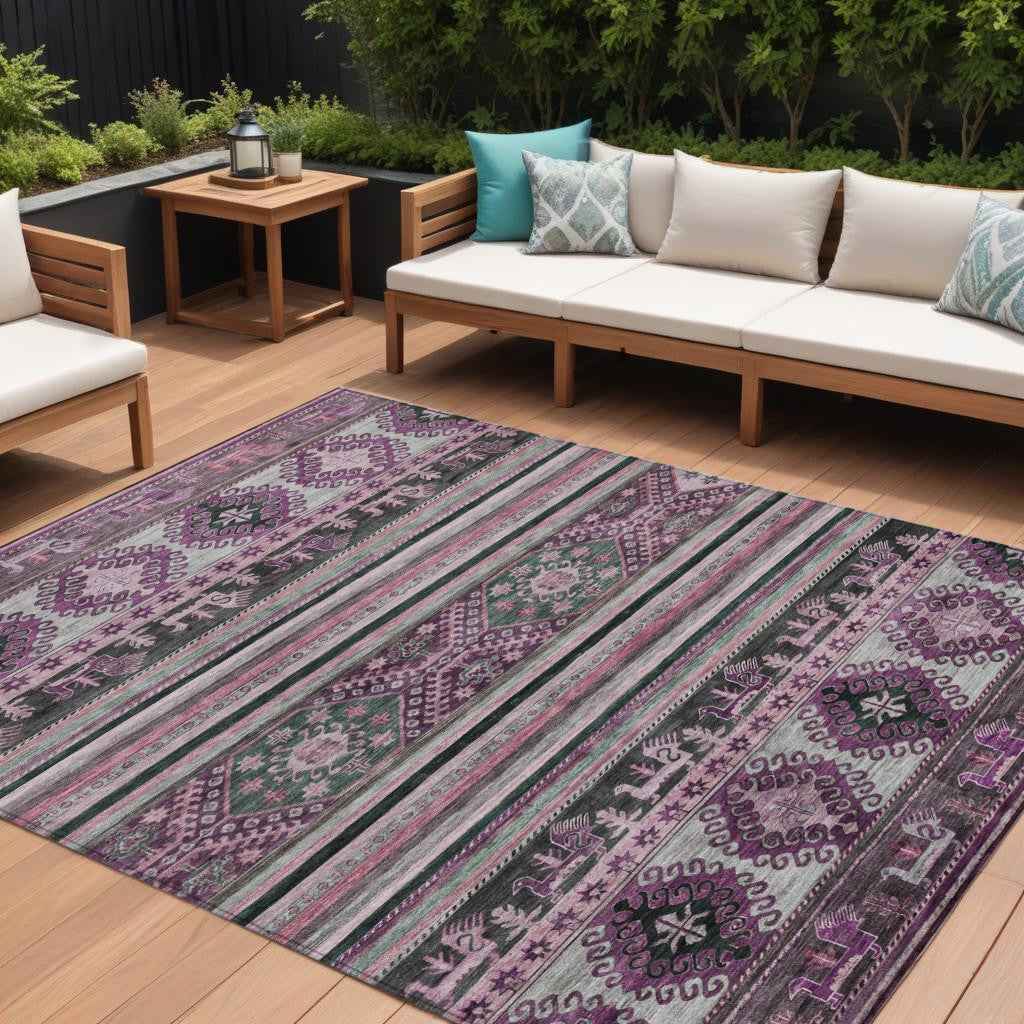 9' X 12' Purple Plum And Gray Tribal Washable Indoor Outdoor Area Rug