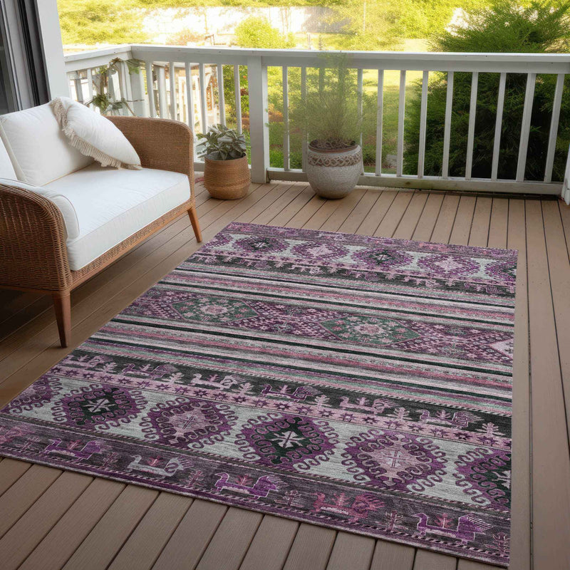 9' X 12' Purple Plum And Gray Tribal Washable Indoor Outdoor Area Rug