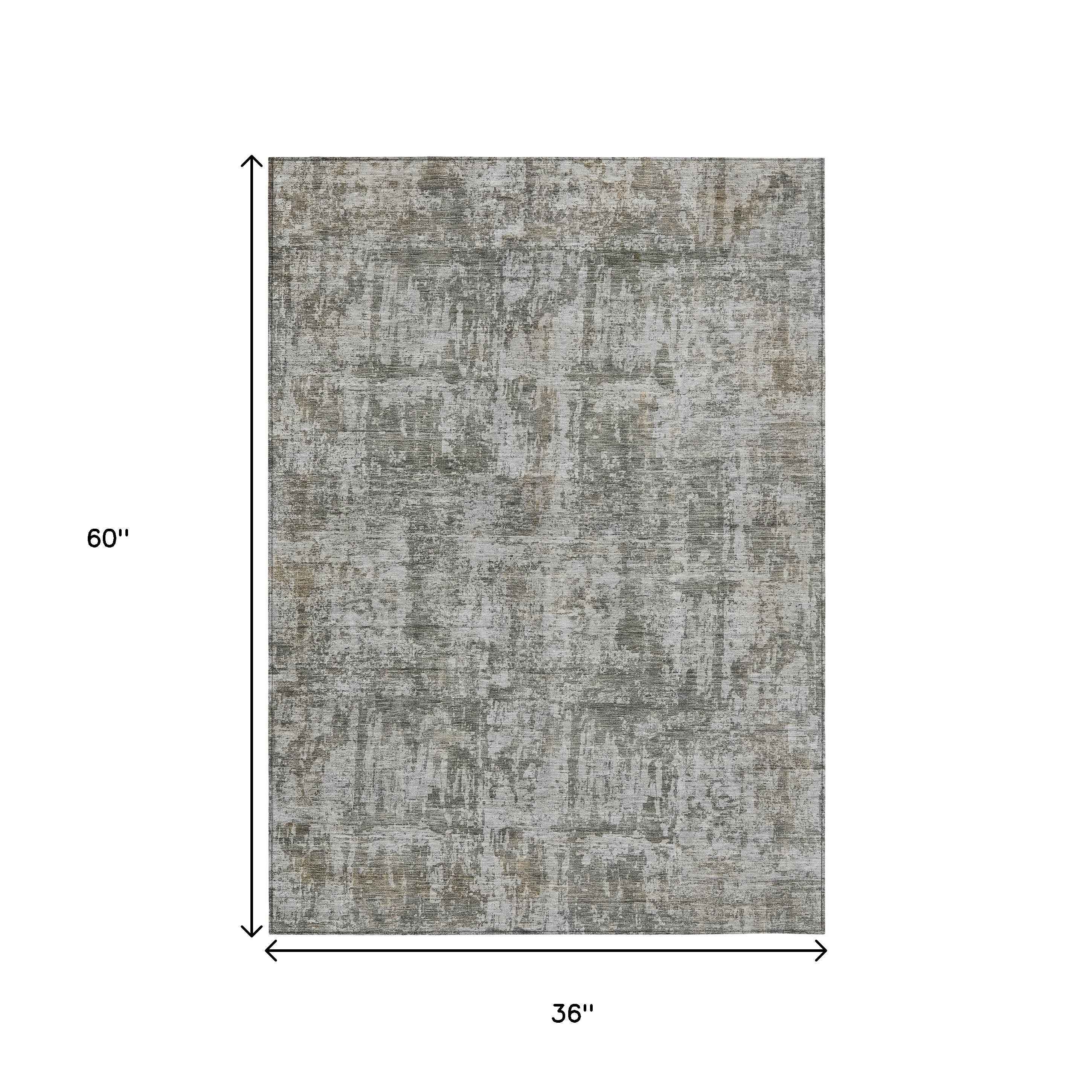 3' X 5' Pewter And Ivory Abstract Washable Indoor Outdoor Area Rug