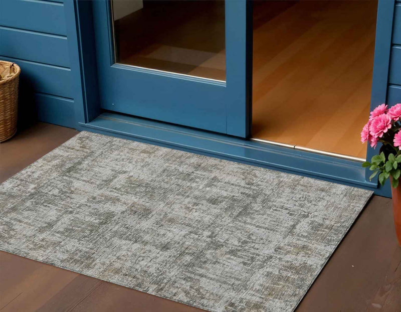 3' X 5' Pewter And Ivory Abstract Washable Indoor Outdoor Area Rug