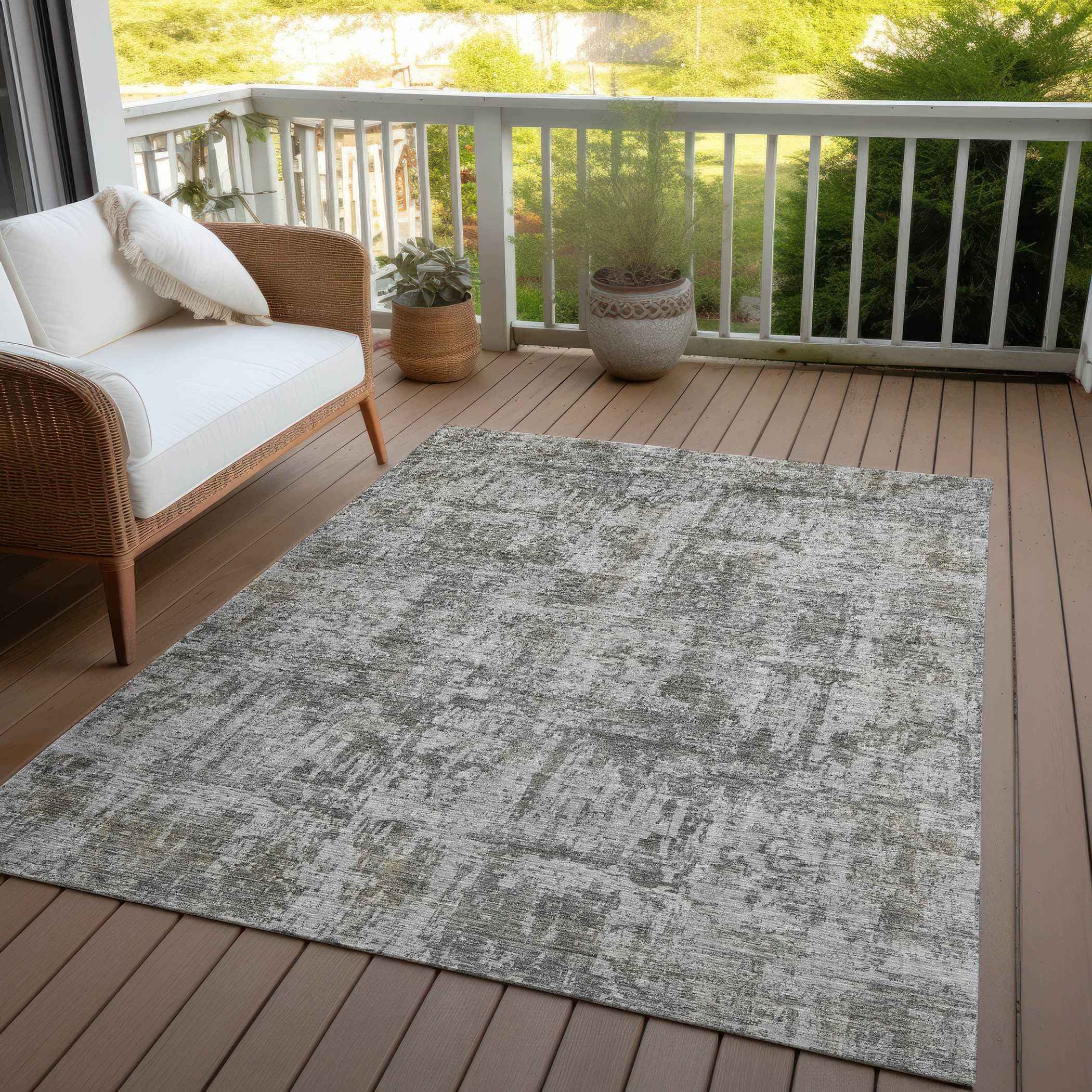 3' X 5' Pewter And Ivory Abstract Washable Indoor Outdoor Area Rug