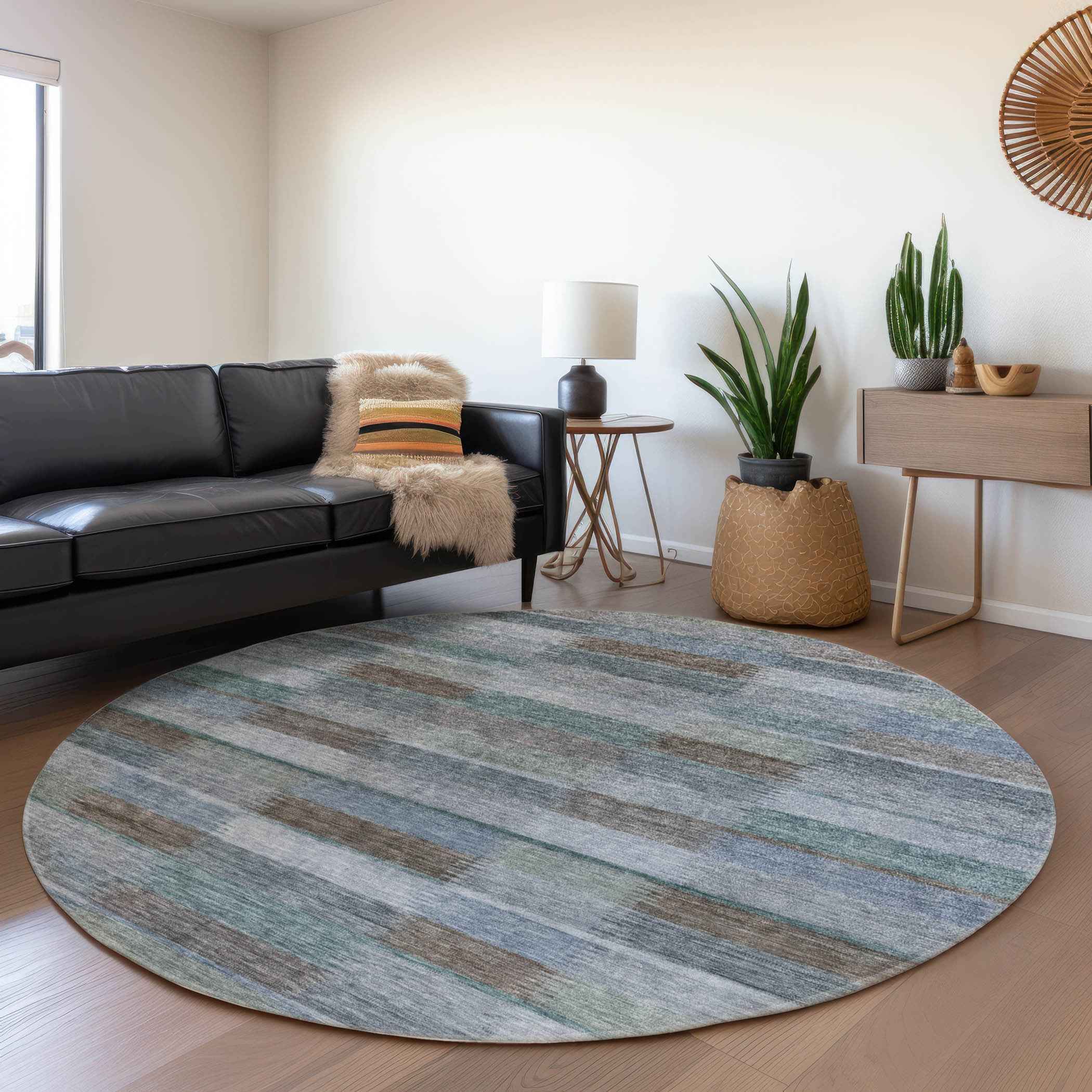 8' Blue Denim Blue And Brown Round Striped Washable Indoor Outdoor Area Rug