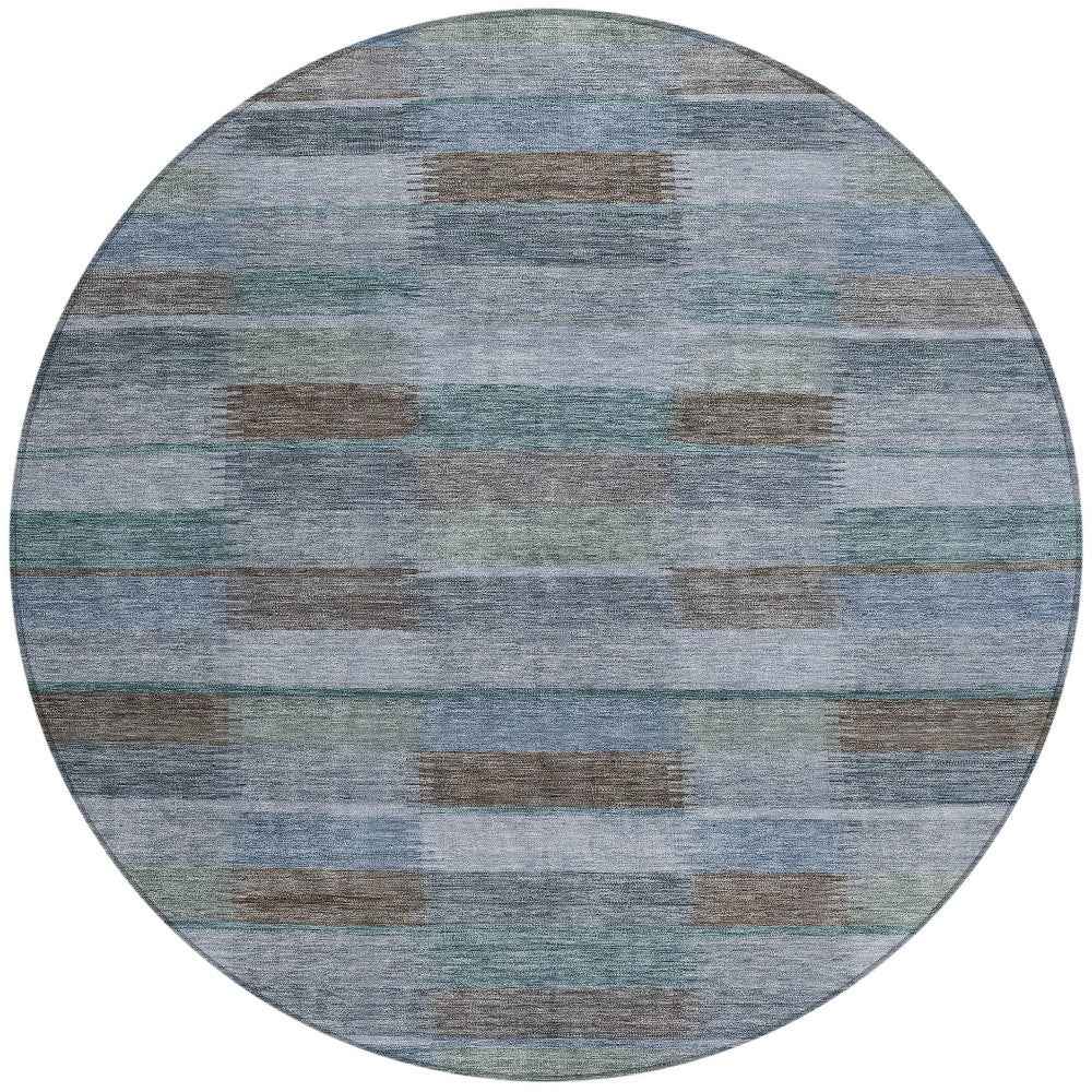8' Blue Denim Blue And Brown Round Striped Washable Indoor Outdoor Area Rug