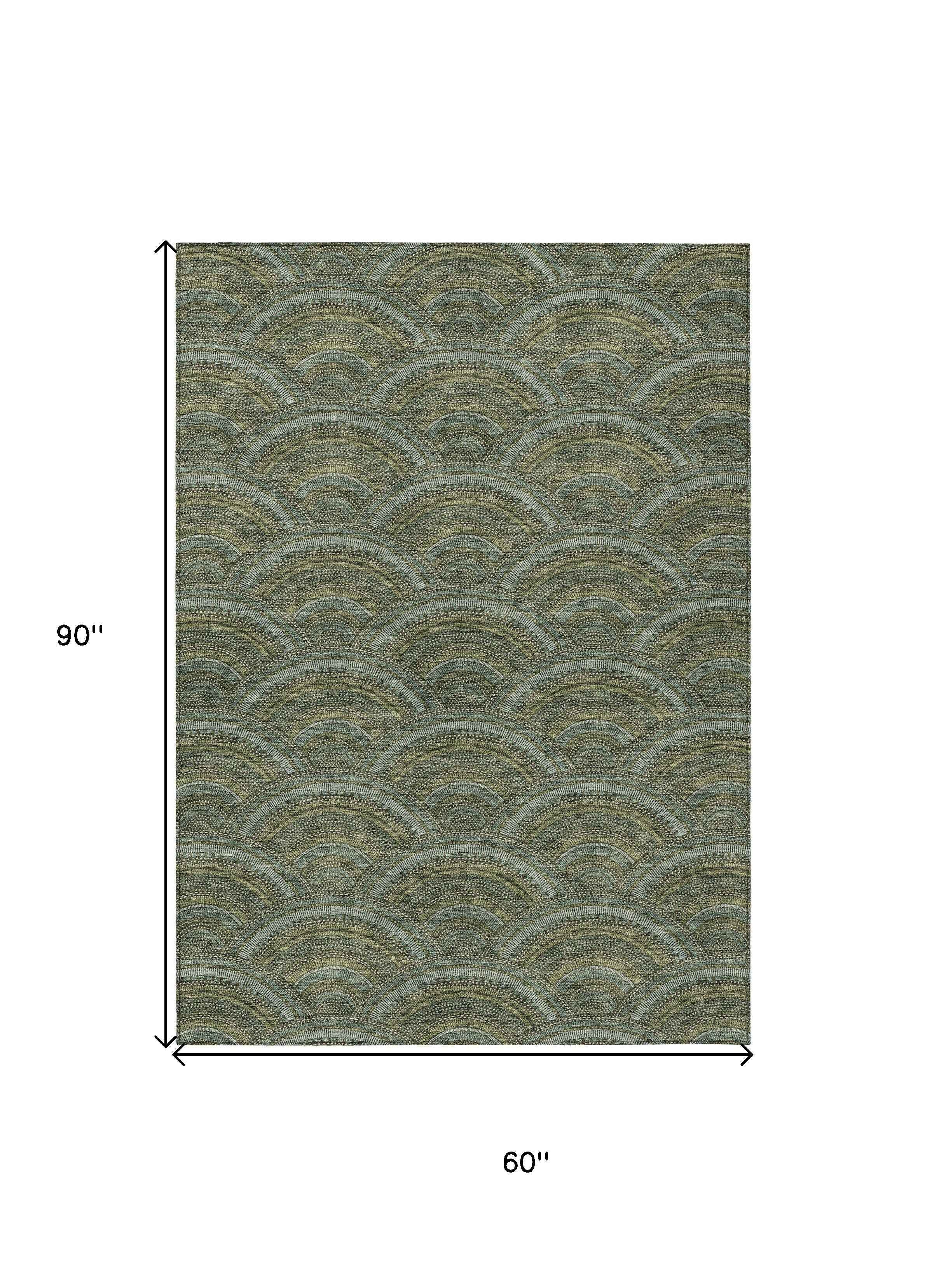5' X 8' Olive Green Fern Green And Silver Geometric Washable Indoor Outdoor Area Rug