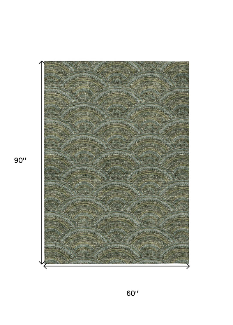 5' X 8' Olive Green Fern Green And Silver Geometric Washable Indoor Outdoor Area Rug