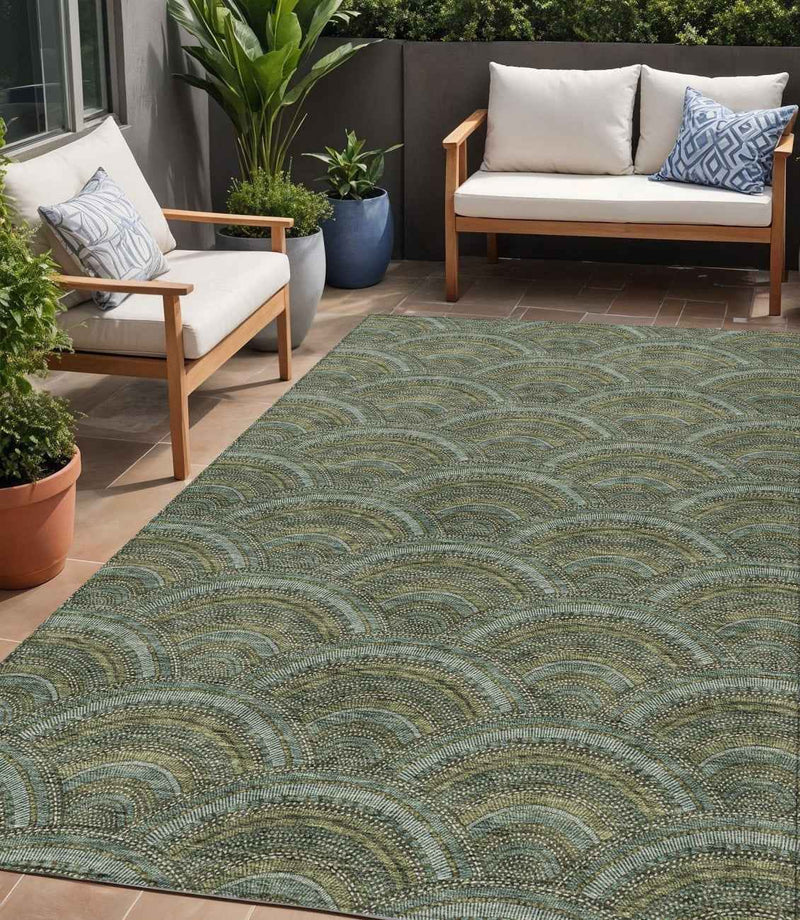 5' X 8' Olive Green Fern Green And Silver Geometric Washable Indoor Outdoor Area Rug