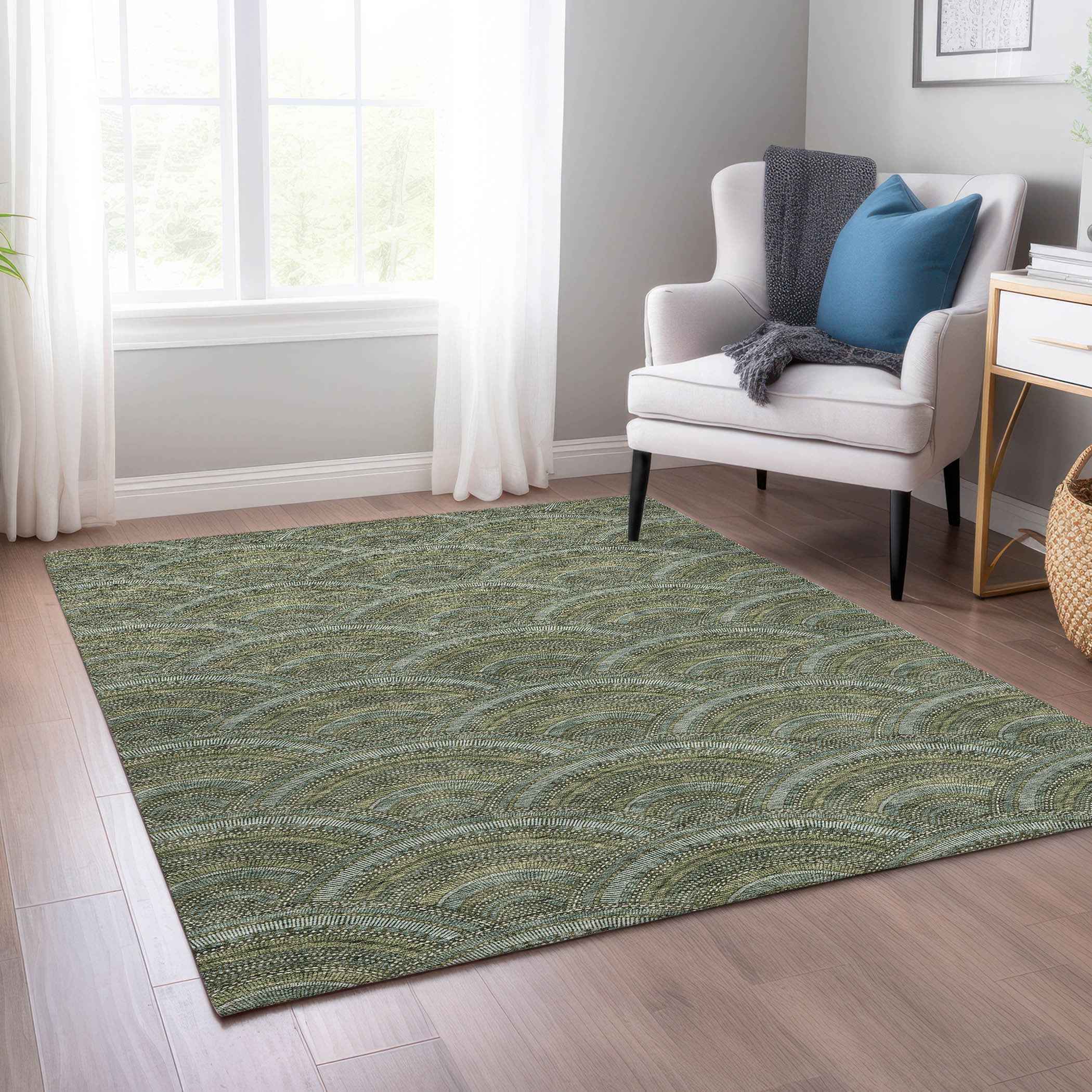 5' X 8' Olive Green Fern Green And Silver Geometric Washable Indoor Outdoor Area Rug