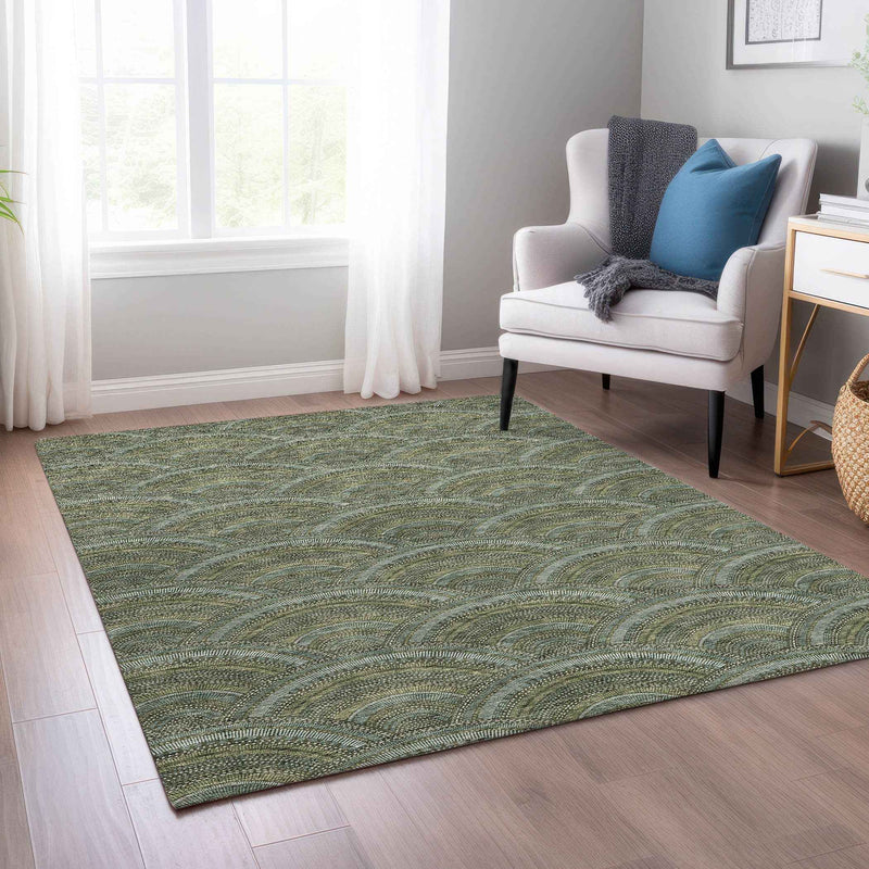 5' X 8' Olive Green Fern Green And Silver Geometric Washable Indoor Outdoor Area Rug