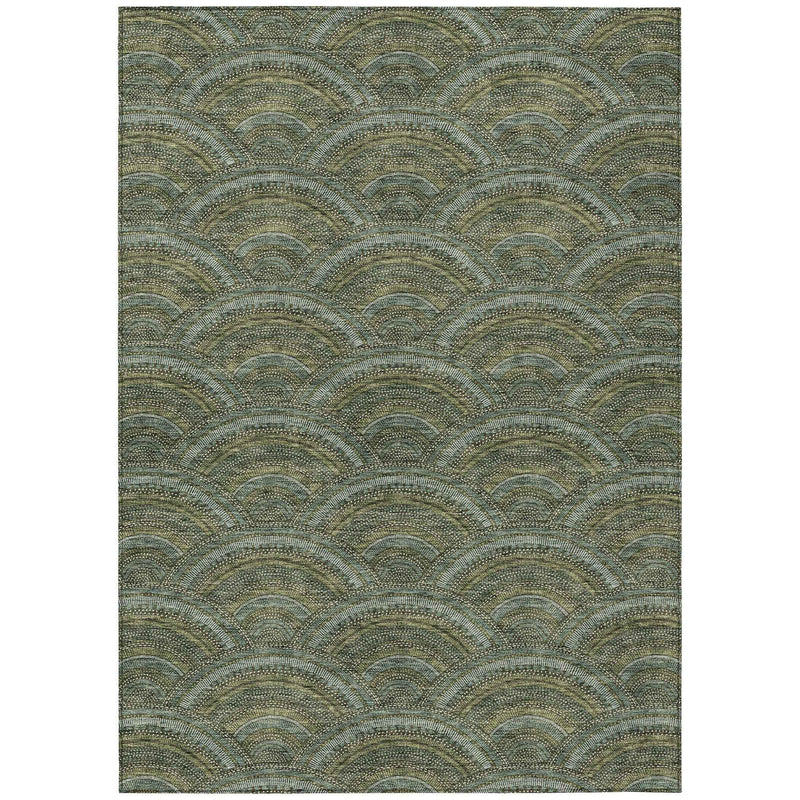 5' X 8' Olive Green Fern Green And Silver Geometric Washable Indoor Outdoor Area Rug