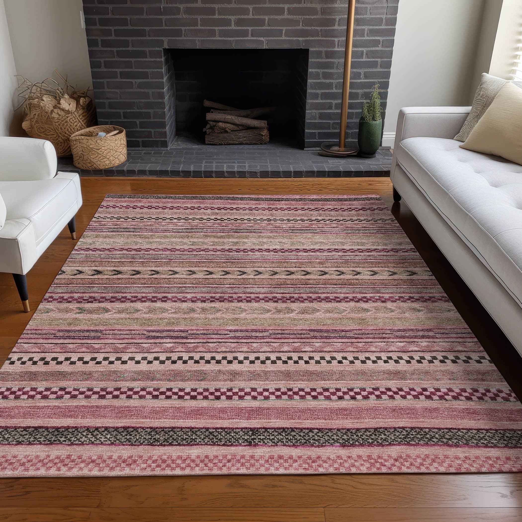 3' X 5' Pink And Taupe Striped Washable Indoor Outdoor Area Rug