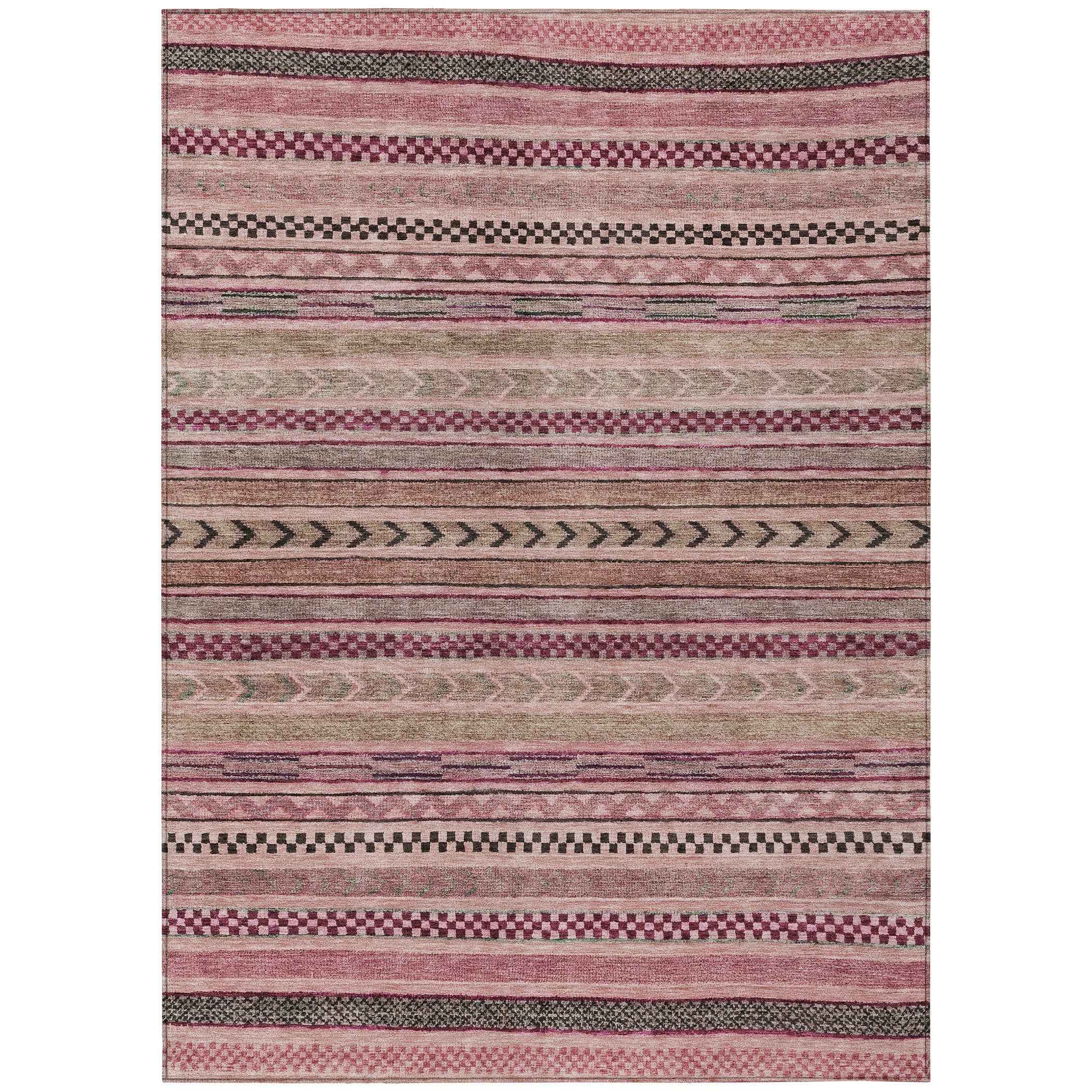 3' X 5' Pink And Taupe Striped Washable Indoor Outdoor Area Rug