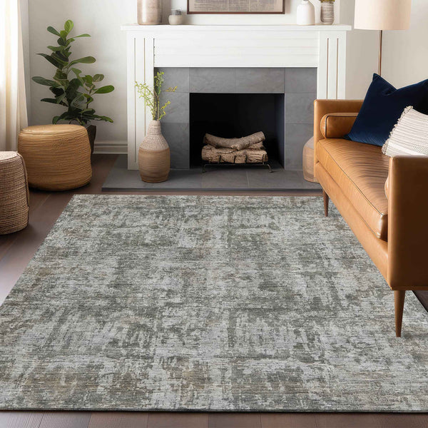 8' X 10' Pewter And Ivory Abstract Washable Indoor Outdoor Area Rug