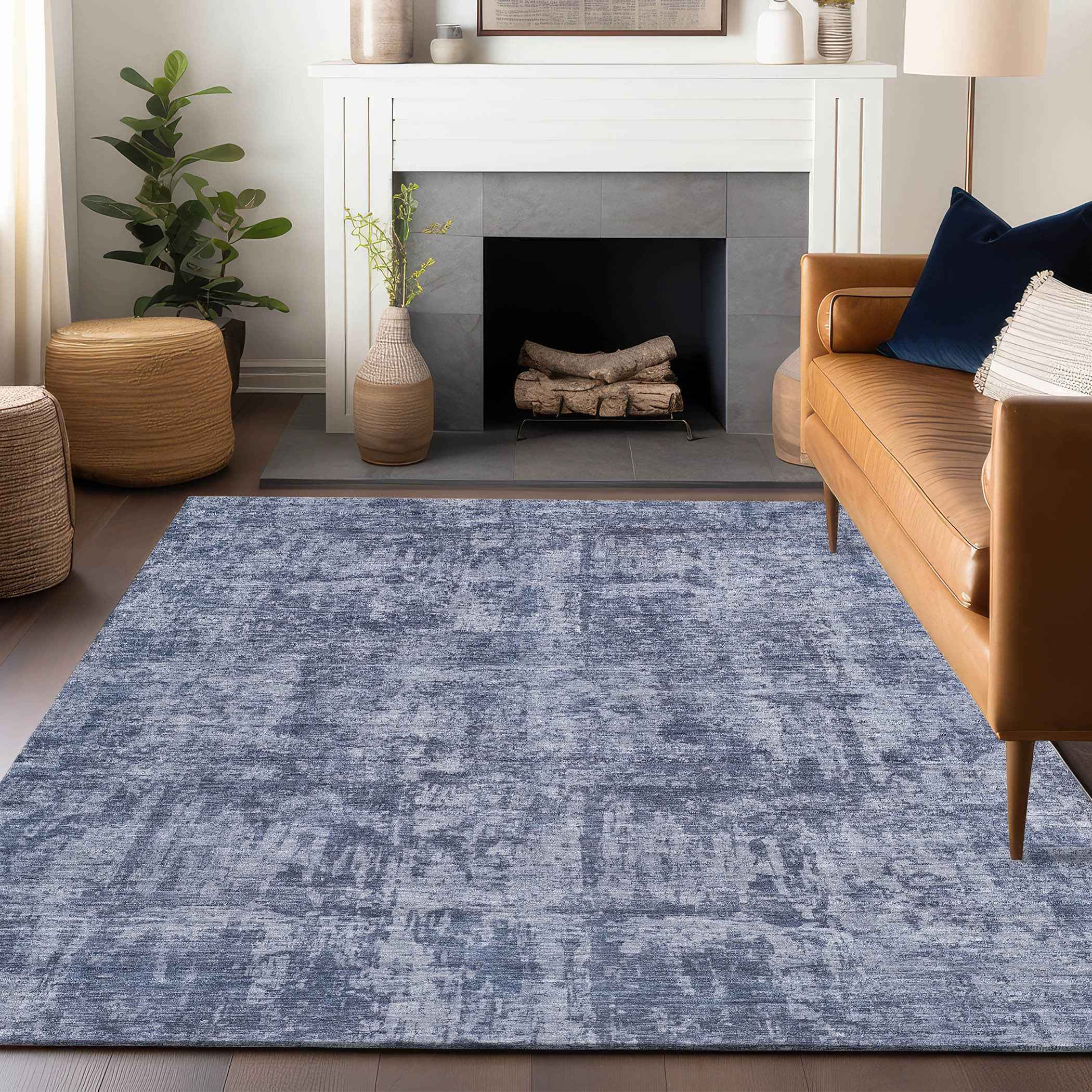 3' X 5' Blue And Ivory Abstract Washable Indoor Outdoor Area Rug