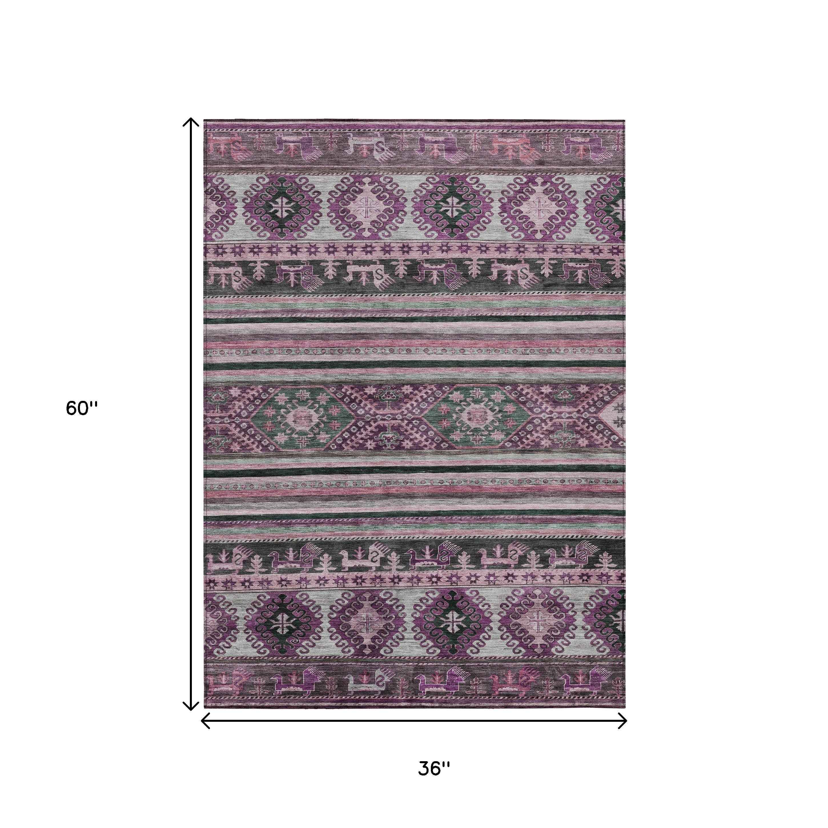 3' X 5' Purple Plum And Gray Tribal Washable Indoor Outdoor Area Rug