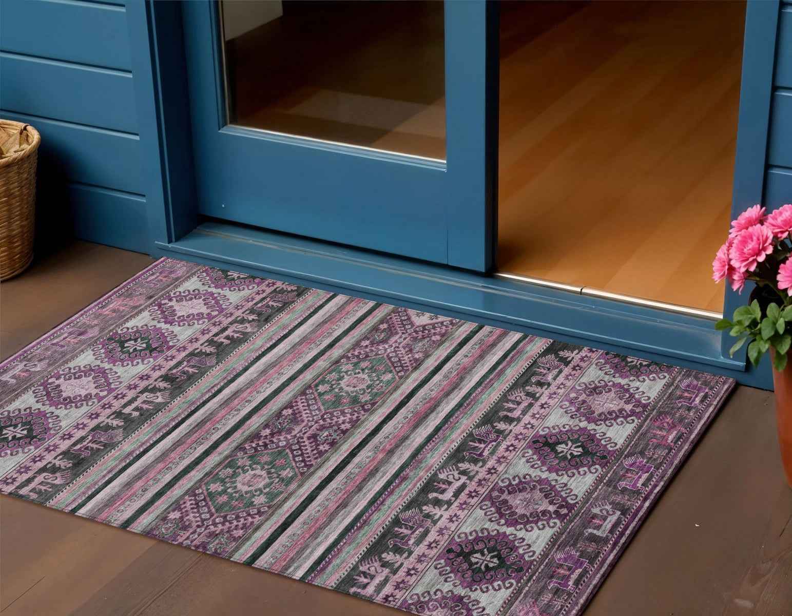 3' X 5' Purple Plum And Gray Tribal Washable Indoor Outdoor Area Rug