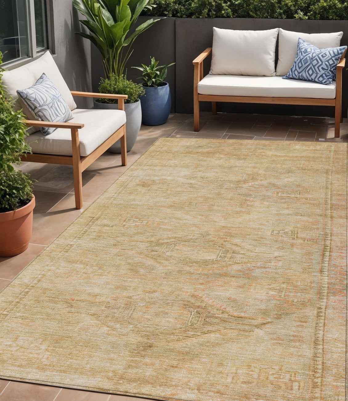 5' X 8' Linen And Wheat Aztec Washable Indoor Outdoor Area Rug