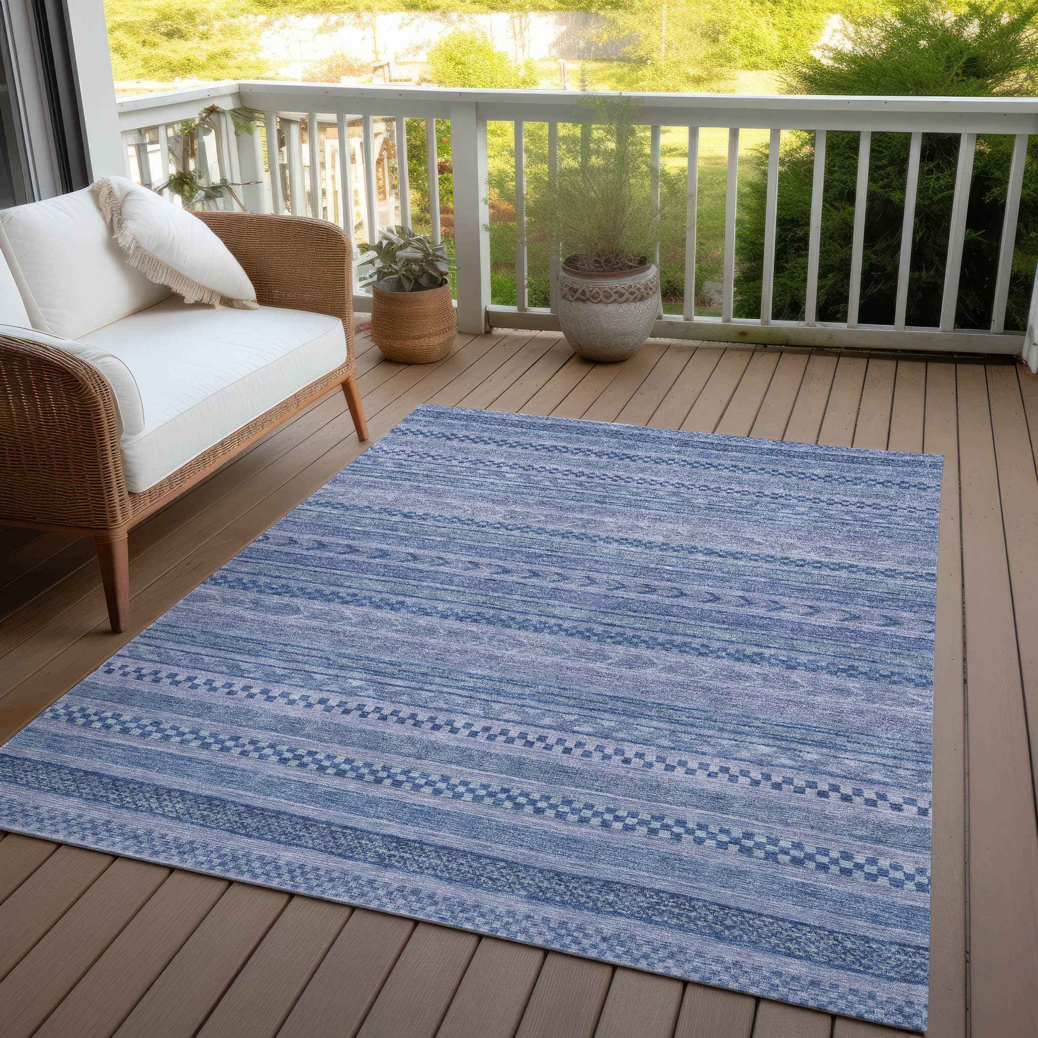 3' X 5' Denim Blue And Sky Blue Striped Washable Indoor Outdoor Area Rug