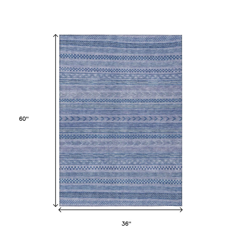 3' X 5' Denim Blue And Sky Blue Striped Washable Indoor Outdoor Area Rug