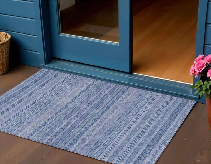 3' X 5' Denim Blue And Sky Blue Striped Washable Indoor Outdoor Area Rug