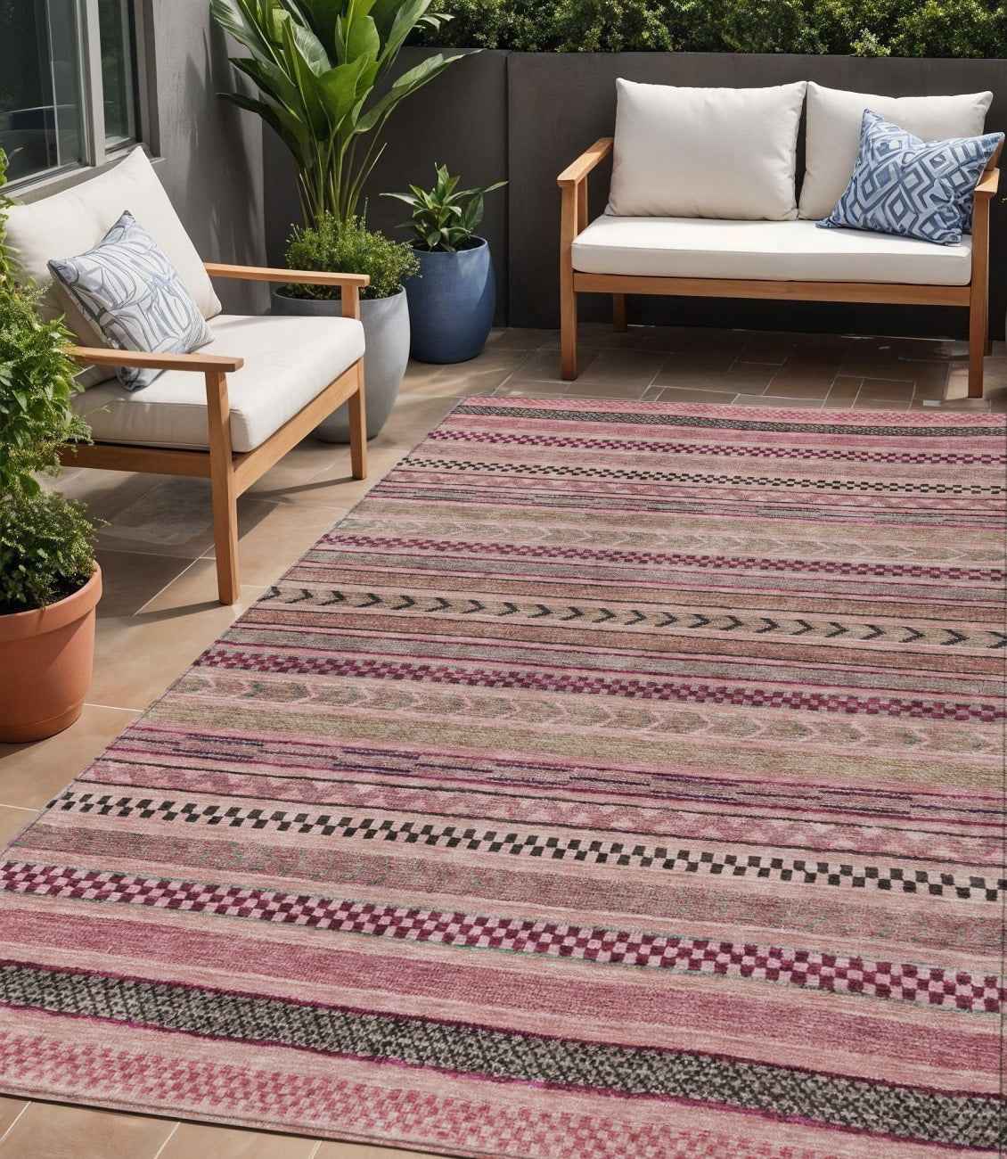 5' X 8' Pink And Taupe Striped Washable Indoor Outdoor Area Rug